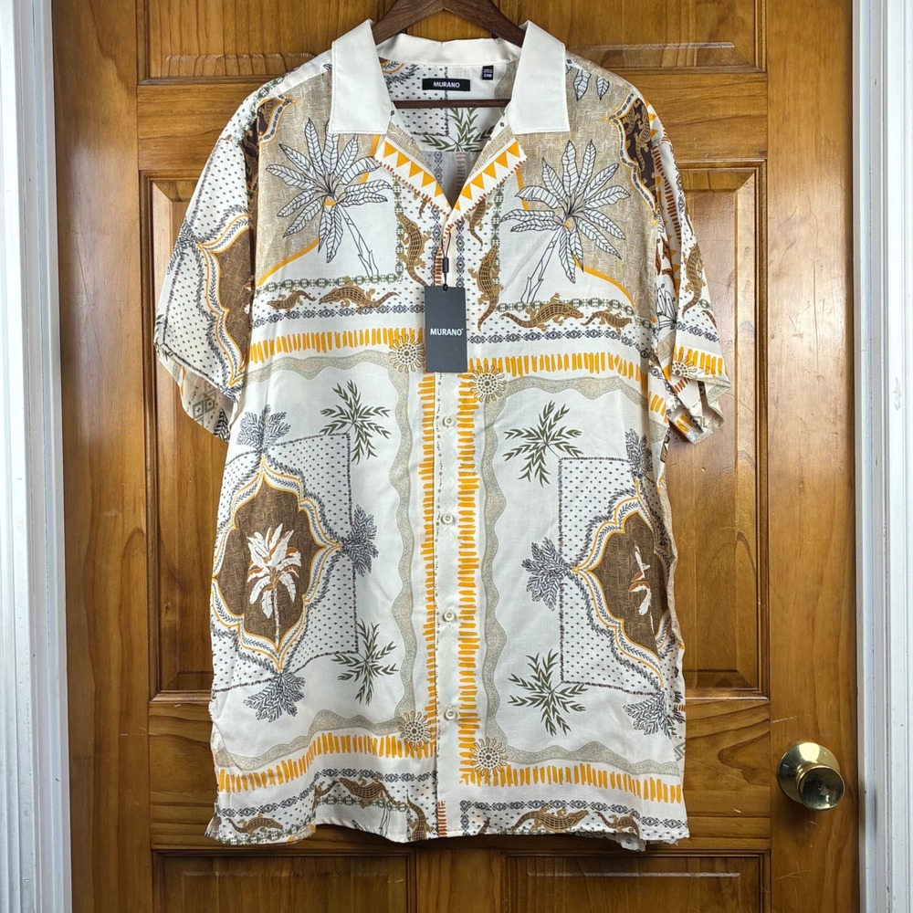 Murano Mens 2XB Tropical Crocodile Palm Print Lyocell Linen Camp Shirt Ivory Tan